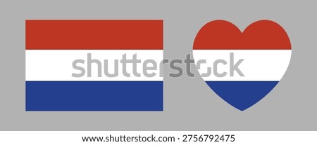 Dutch flag heart shaped, rectangle icons, stickers. Heart, rectangular flag of Netherlands banners. Set of button, badge Holland flag.
