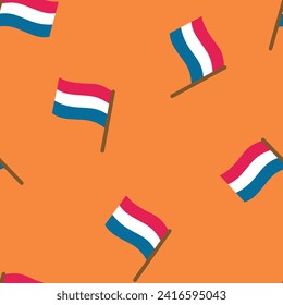 Dutch flag seamless pattern.  Flags of the Netherlands on orange background. Koningsdag (King's Day) celebration theme. Vector illustration. 