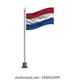 Bandera holandesa ondeando en un asta de bandera, aislado sobre fondo blanco, Ilustración vectorial. La bandera nacional de los Países Bajos.