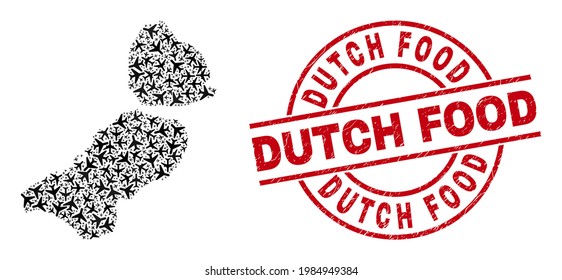 Dutch Food rubber seal, and Flevoland Province map collage of airplane elements. Collage Flevoland Province map created of airplanes. Red seal with Dutch Food caption, and corroded rubber texture.
