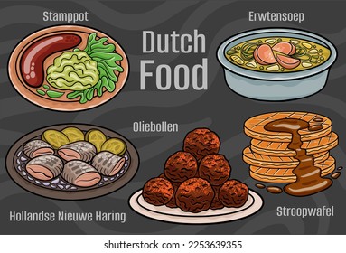 Dutch food. A set of classic dishes. Cartoon hand drawn illustration.