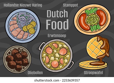Dutch food. A set of classic dishes. Cartoon hand drawn illustration.