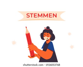 Dutch general election in 2021. House of Representatives. Text: Stemmen. Means: Go Vote in dutch language. Woman holding big red pencil and wearing protective face mask. Covid-19 pandemic. Isolated.