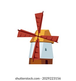 Dutch historical traditional windmill colorful image, flat vector illustration isolated on white background. Tourist symbol of Holland or Dutch country.