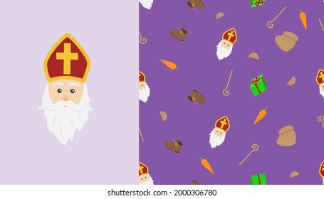 Dutch holiday Sinterklaas purple background. Seamless vector illustration pattern for Saint Nicholas day wrapping paper concept