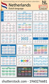 Dutch horizontal Big set of pocket calendars for 2022 (two thousand twenty two). Week starts Sunday. New year. Color simple design. Vector