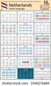 Dutch horizontal Big set of pocket calendars for 2022 (two thousand twenty two). Week starts Sunday. New year. Color simple design. Vector