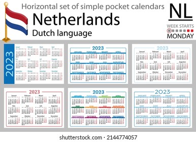 Dutch horizontal pocket calendar for 2023 (two thousand twenty three). Week starts Monday. New year. Color simple design. Vector