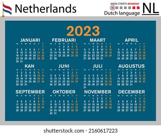 Dutch horizontal pocket calendar for 2023 (two thousand twenty three). Week starts Monday. New year. Color simple design. Vector
