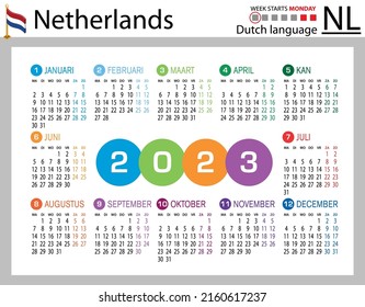 Dutch horizontal pocket calendar for 2023 (two thousand twenty three). Week starts Monday. New year. Color simple design. Vector