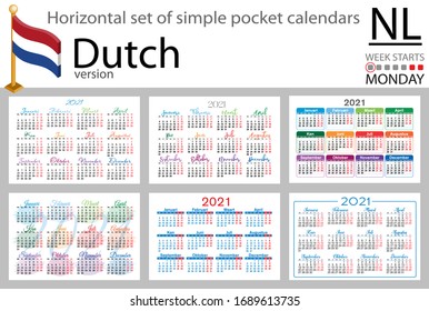 Dutch horizontal set of pocket calendars for 2021 (two thousand twenty one). Week starts Monday. New year. Color simple design. Vector