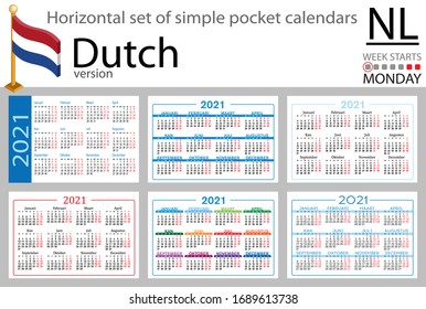 Dutch horizontal set of pocket calendars for 2021 (two thousand twenty one). Week starts Monday. New year. Color simple design. Vector