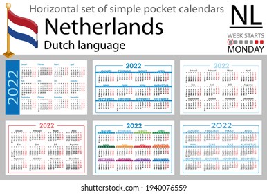 Dutch horizontal set of pocket calendars for 2022 (two thousand twenty two). Week starts Monday. New year. Color simple design. Vector