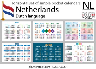Dutch horizontal set of pocket calendars for 2022 (two thousand twenty two). Week starts Monday. New year. Color simple design. Vector