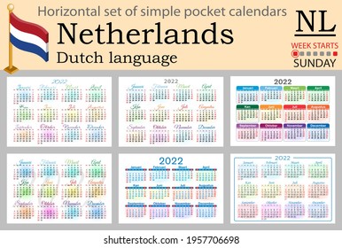 Dutch horizontal set of pocket calendars for 2022 (two thousand twenty two). Week starts Sunday. New year. Color simple design. Vector