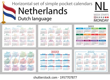 Dutch horizontal set of pocket calendars for 2022 (two thousand twenty two). Week starts Monday. New year. Color simple design. Vector