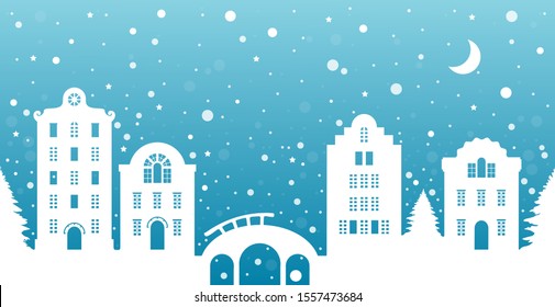 Dutch houses city. Christmas card. Winter town. Vector illustration