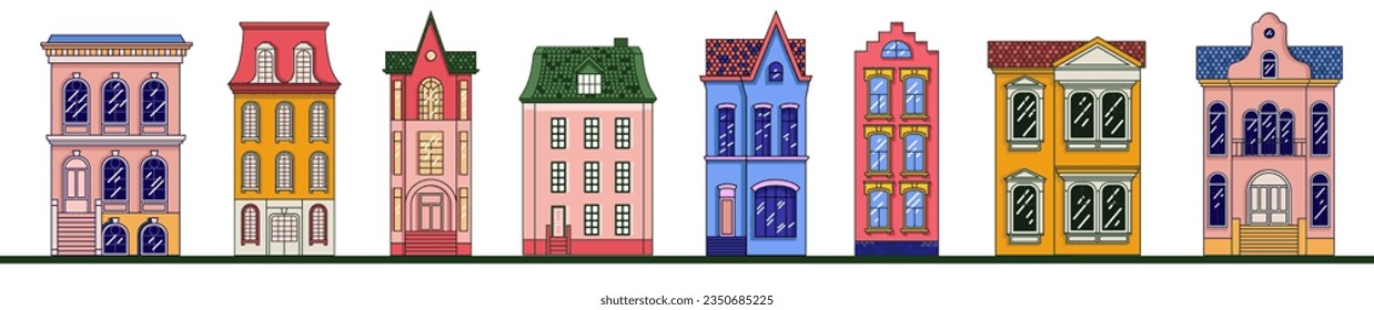 Dutch Houses. Cute Residential buildings. Vector.