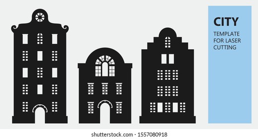 Dutch houses set. Vector illustration. Laser cutting models. Decoration elements. Flat design