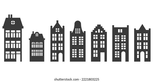 Dutch houses silhouettes set. Vintage laser cut facades of european buildings. Old stiled architecture of Holland and Amsterdam. Vector glyph illustration