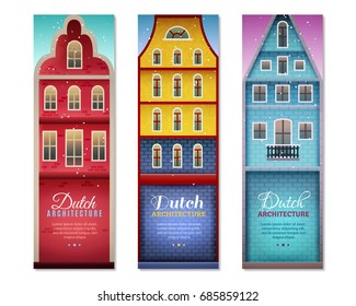 Dutch houses typical holland architecture and sightseeing for travelers 3 vertical colorful banners set isolated vector illusration