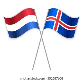 Dutch and Icelandic crossed flags. Netherlands combined with Iceland isolated on white. Language learning, international business or travel concept.