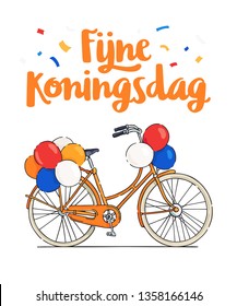 Dutch King's Day Illustration with lettering and decorated orange retro bicycle. This illustration can be used as a market stall decoration, a print on t-shirts, bags or as a poster.