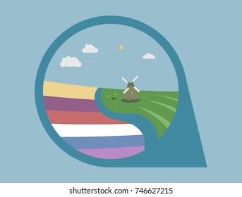 Dutch landscape logo vector illustration design of a flower field next to a canal and a windmill with sheep and chicken on a beautiful sunny day with white clouds. 