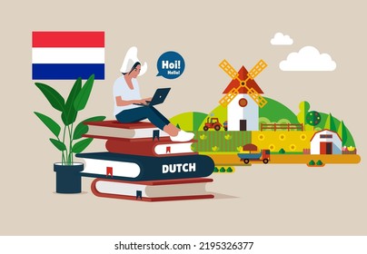 Dutch language course banner. Video course, distance education, web seminar, internet class. Vector illustration. 