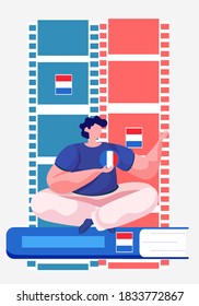Cursos de neerlandés. Ilustración vectorial con un hombre sentado en el libro con la bandera de la palabra neerlandesa. Perfecto para publicidad en red o escuela de idiomas. Educación en línea, club de habla