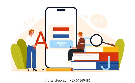 Dutch language school concept with teacher, student, smartphone app and books for studying Netherlands language and alphabet, modern online education and e-learning vector illustration