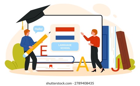 Dutch language school concept with teacher and student studying near books, letters and Netherlands flag, modern flat education design for online Dutch course isolated on white vector illustration. Translation: hello