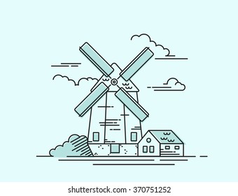 Dutch Netherland windmill - vector graphic illustration - isolated mill on white background. Rural field with ripe wheat on the background of the windmill, swallows and clouds