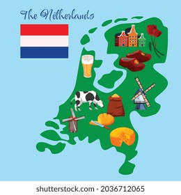 Dutch or Netherlands travel tourist map guide, flat vector illustration. Green Holland green map with dutch national culture traditional symbols and flag.