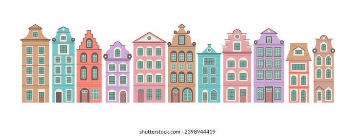 Dutch old colorful house set, isolated.German houses collection.Amsterdam.Vector stock illustration.