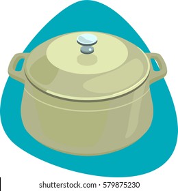 Dutch oven. Closed cast-iron pot with handles. Isolated. On blue background.