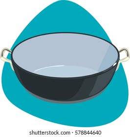 Dutch oven. Empty enameled cast-iron red pot with stainless handles. Isolated. On blue background.
