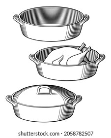 Dutch Oven. Empty Pot, Roast Chicken And Pot With Cap. Black And White Stylized Vector Illustration