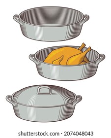 Dutch Oven. Empty Pot, Roast Chicken And Pot With Cap. Retro Style Vector Illustration