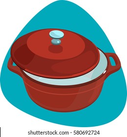 Dutch oven with lid. Empty oval enameled cast-iron red pot. Isolated. On blue background.