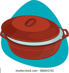 Dutch Oven With Lid. Oval Enameled Cast-iron Red Pot. Isolated. On Blue Background.