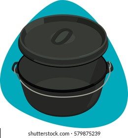 Dutch oven. Round black pot with thick walls and lid with ridge. Isolated. On blue background.