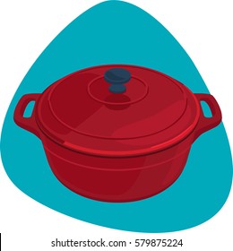 Dutch oven. Round cast-iron red pot with handles. Isolated. On blue background.