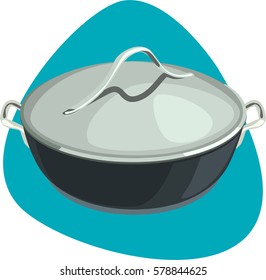 Dutch oven with stainless lid and handles. Round black pot for stewing and baking. Isolated. On blue background.