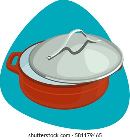 Dutch oven with stainless lid. Round enameled cast-iron red pot with handles. Isolated. On blue background.