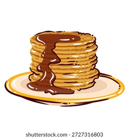 Dutch pancakes stack with chocolate syrup on plate, traditional Netherlands dessert, sweet breakfast food, round pancakes with sauce, simple shapes and bold outlines, cartoon vector illustration.
