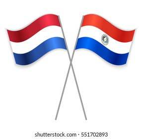 Dutch and Paraguayan crossed flags. Netherlands combined with Paraguay isolated on white. Language learning, international business or travel concept.