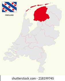 dutch province friesland, map with flag