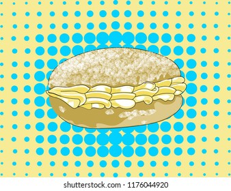 Dutch pudding roll pastry on a blue yellow pop art background.