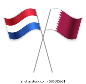 Dutch and Qatari crossed flags. Netherlands combined with Qatar isolated on white. Language learning, international business or travel concept.